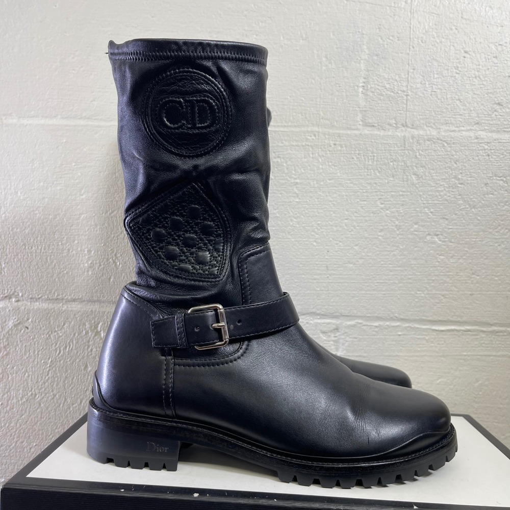 Christian Dior CD Logo Cannage Black Leather Moto Boots Women's 40.5 EU/10.5 US